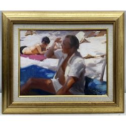 John Richard Townsend (British 1930-): 'Self Portrait' on the Beach, oil on board signed with monogram, titled and dated 1978 verso 22cm x 29cm