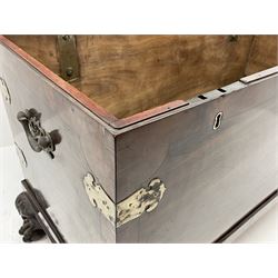 19th century camphor wood and mahogany silver chest, the hinged banded top with circular brass mounts which secure the interior strap hinges, fretwork metal strapping to the corners, on stand with plain frieze and acanthus carved cabriole ball and claw feet