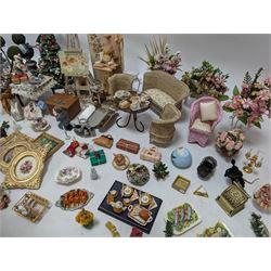 Dolls house conservatory and garden accessories, including sofa and chairs, trees, plants, paintings, Christmas decorations, etc 