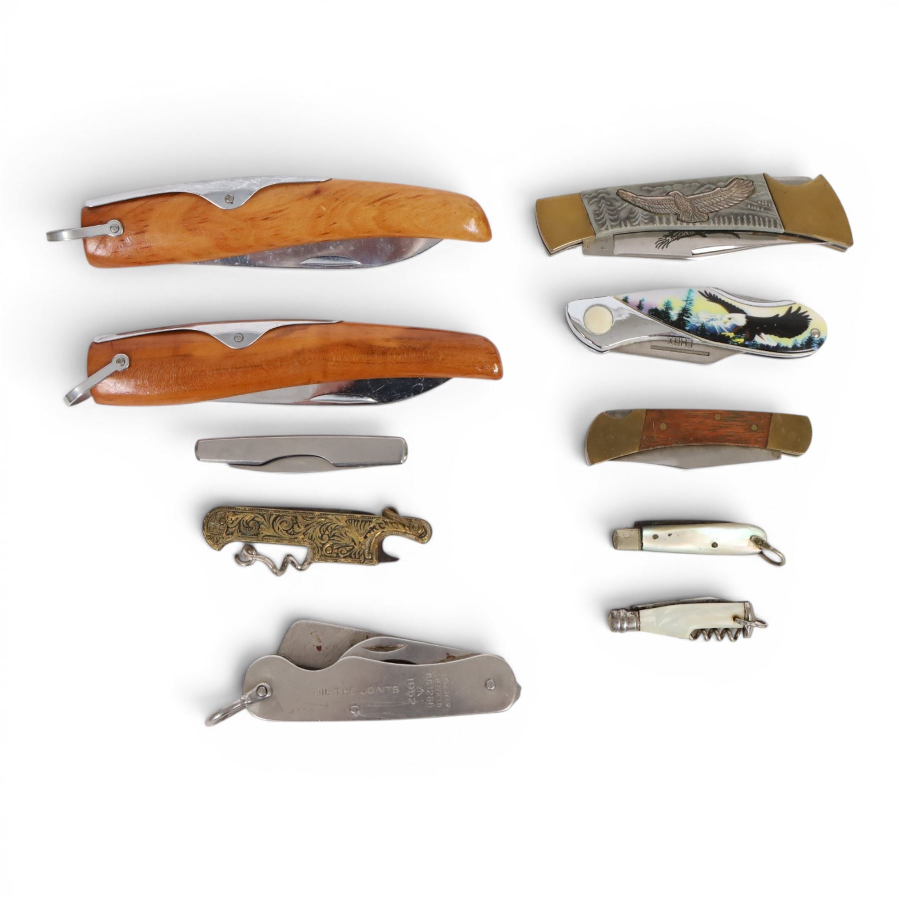 Two James Dixon & Sons powder flasks, together with a collection of pen knives  