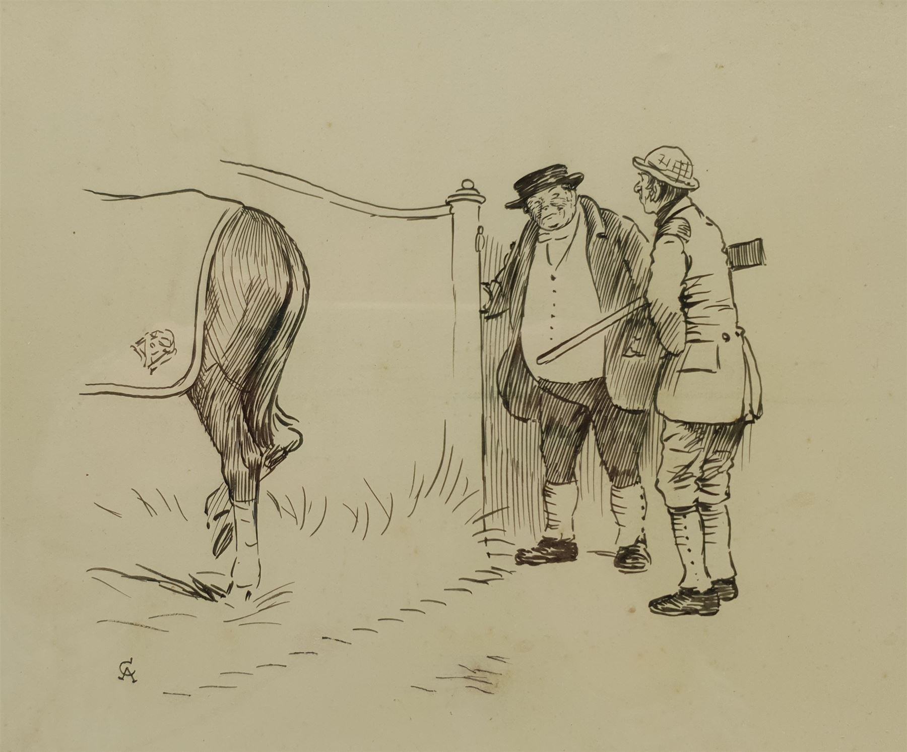 Cecil Aldin (British 1870-1935): 'We're Expectin' an Old Gent from Handley Cross' - Gentleman and Gamekeeper Talking beside a Horse, pen and ink signed with monogram, titled on the mount 19cm x 23cm 
Provenance: purchased by the vendor from Cumbria Auction Rooms 14th May 1990, lot 430, where part of a collection of fifteen then-unmounted Aldin book illustrations