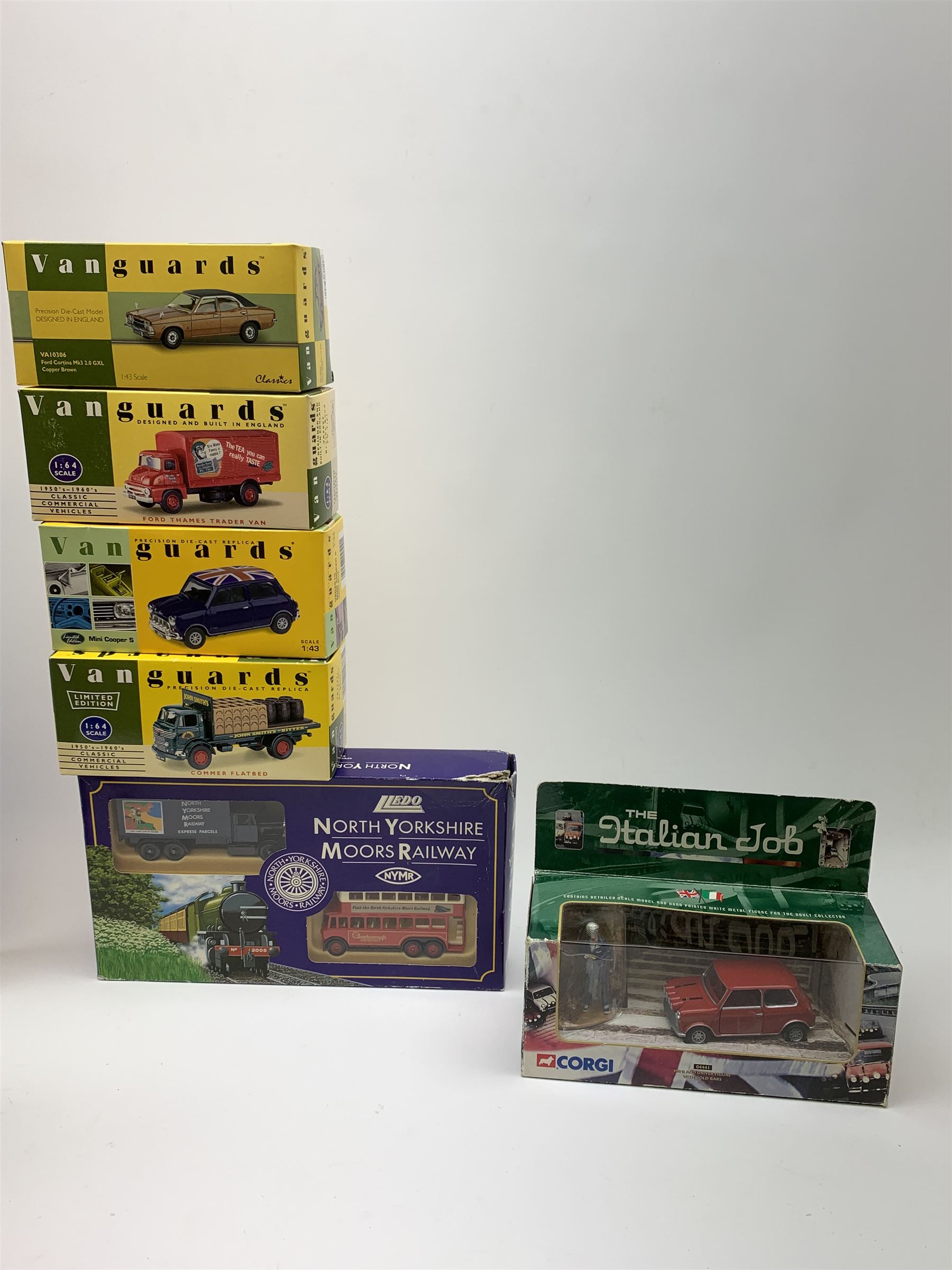 Various makers - twenty commemorative and promotional die-cast models including Corgi 50th Anniversary of the Battle of Britain and Italian Job Set, Lledo RAF personnel Transport Set, 50th Anniversary of Pearl Harbour Set, Home Front Collection, NYMR Set etc, Gate Laurel & Hardy Jeep, four Vanguards commercial vehicles etc; all boxed