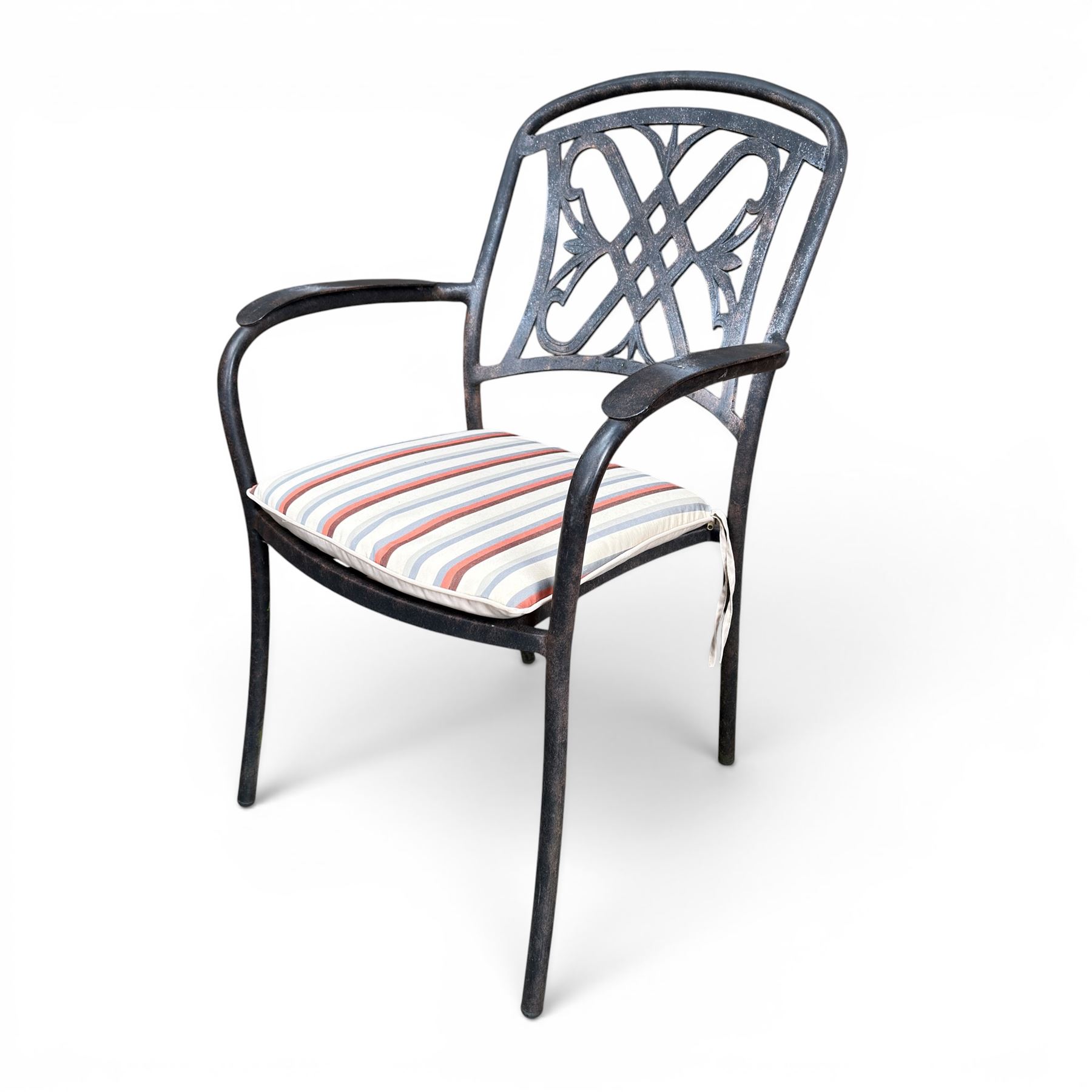 LeisureGrow - cast aluminium circular garden table, lattice design top, black finish; and six matching chairs with openwork back, complete with seat cushions and adjustable parasol