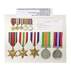Representative display of WWII Campaign Stars and Medals comprising Burma Star, Italy Star, France & Germany Star, Defence Medal and War Medal 1939-1945; together with the corresponding group of miniatures; all with ribbons