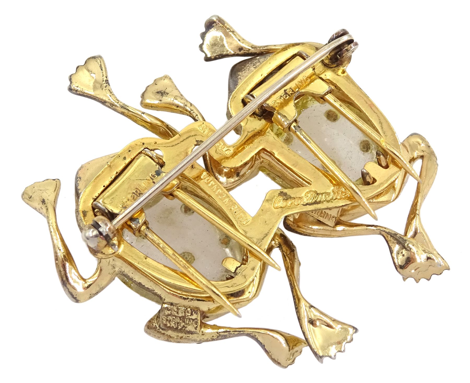 Coro Duette silver-gilt jelly belly frog brooch / detachable clips, stamped sterling