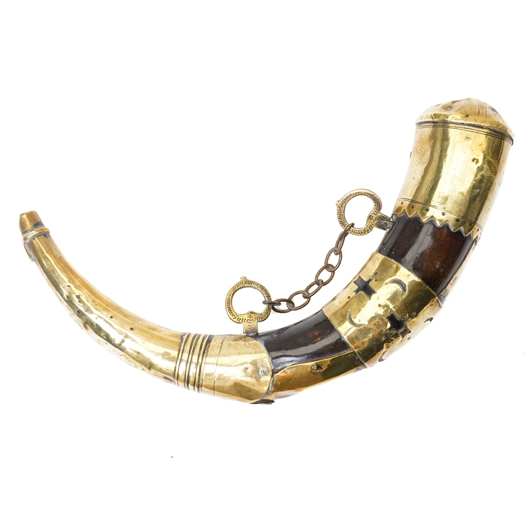 Leg of mutton leather shotgun case L78cm and a North African brass and horn powder horn