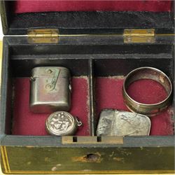 Silver bladed and mother of pearl butter knife, silver vesta case, 19th century papier mache snuff box, sterling silver folding glove button hook, silver cheroot holder, napkin ring, plated combination vesta and compass, other small items and a leather jewellery box