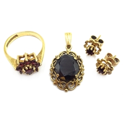  9ct gold garnet pendant, cluster ring and pair ear-rings hallmarked   