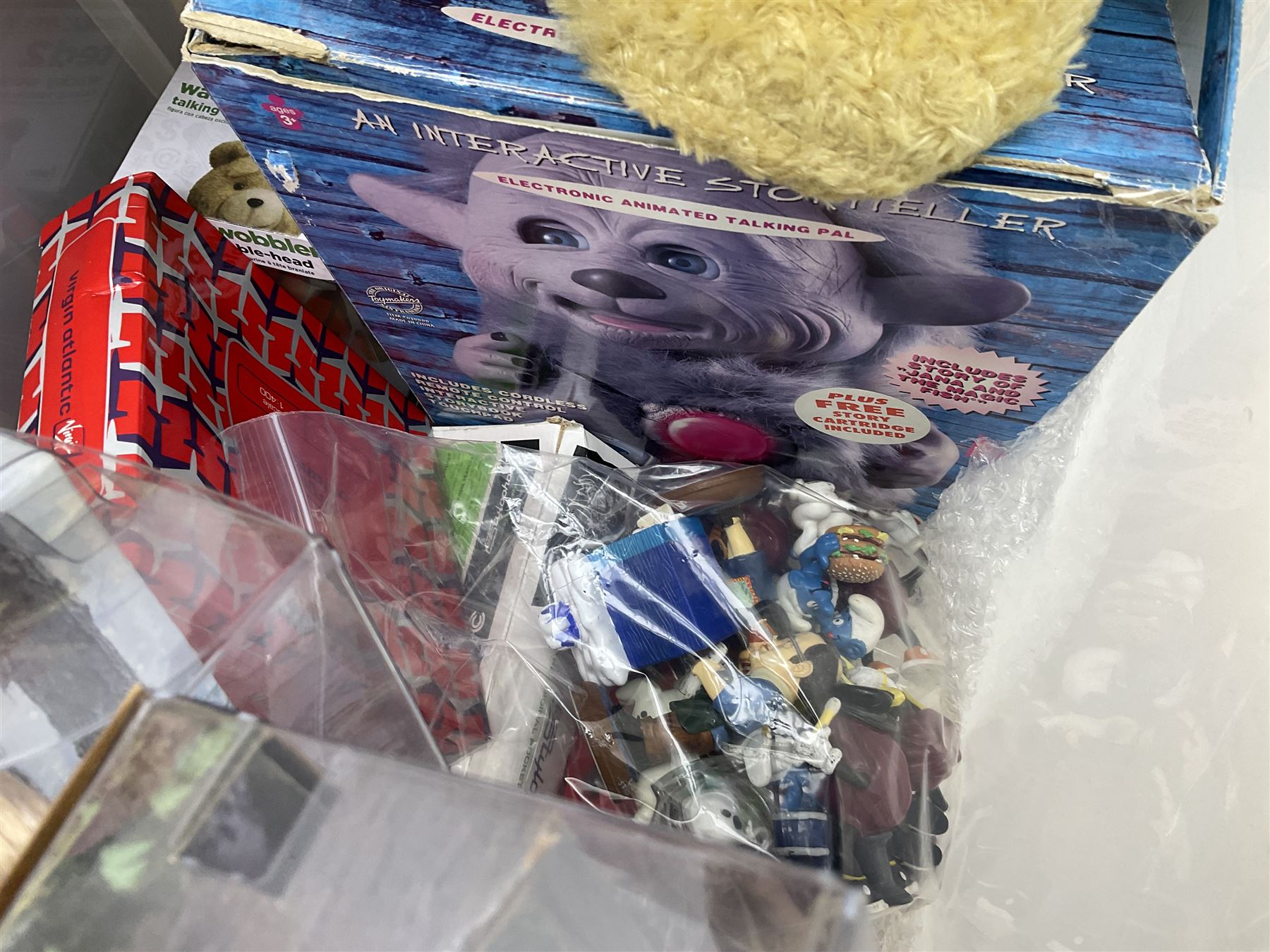 Two Barbie Pink Label Twilight figures in boxes, Ted wacky wobblers in boxes, Minion Dave in box, Toy Story Woody doll etc in two boxes