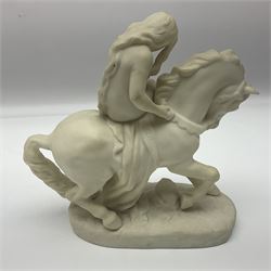 W.H.Goss Parian figure of Lady Godiva, with printed mark beneath, together with a W.H.Goss crested ware Rivaulx Abbey tumbler, and three similar Waterfall Heraldic China crested ware items, Godiva H19cm 