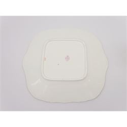 19th century Minton tea set, comprising twelve teacups, eleven saucers, fifteen side plates, cream jug, slop bowl, and two cake plates, decorated with panels of floral sprays, upon a green ground, heightened with gilt throughout, with printed puce mark beneath, and pattern number 5329
