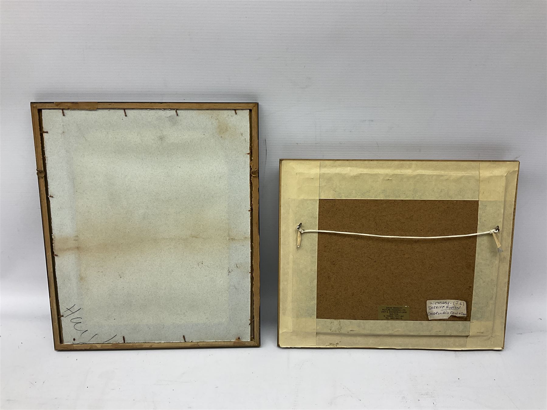 English School (20th century): Westaby Sheriff Hutton Cow and Calf, oil on board signed and dated 1991 together with a chalk portrait of a horse max 25cm x 19cm (2)