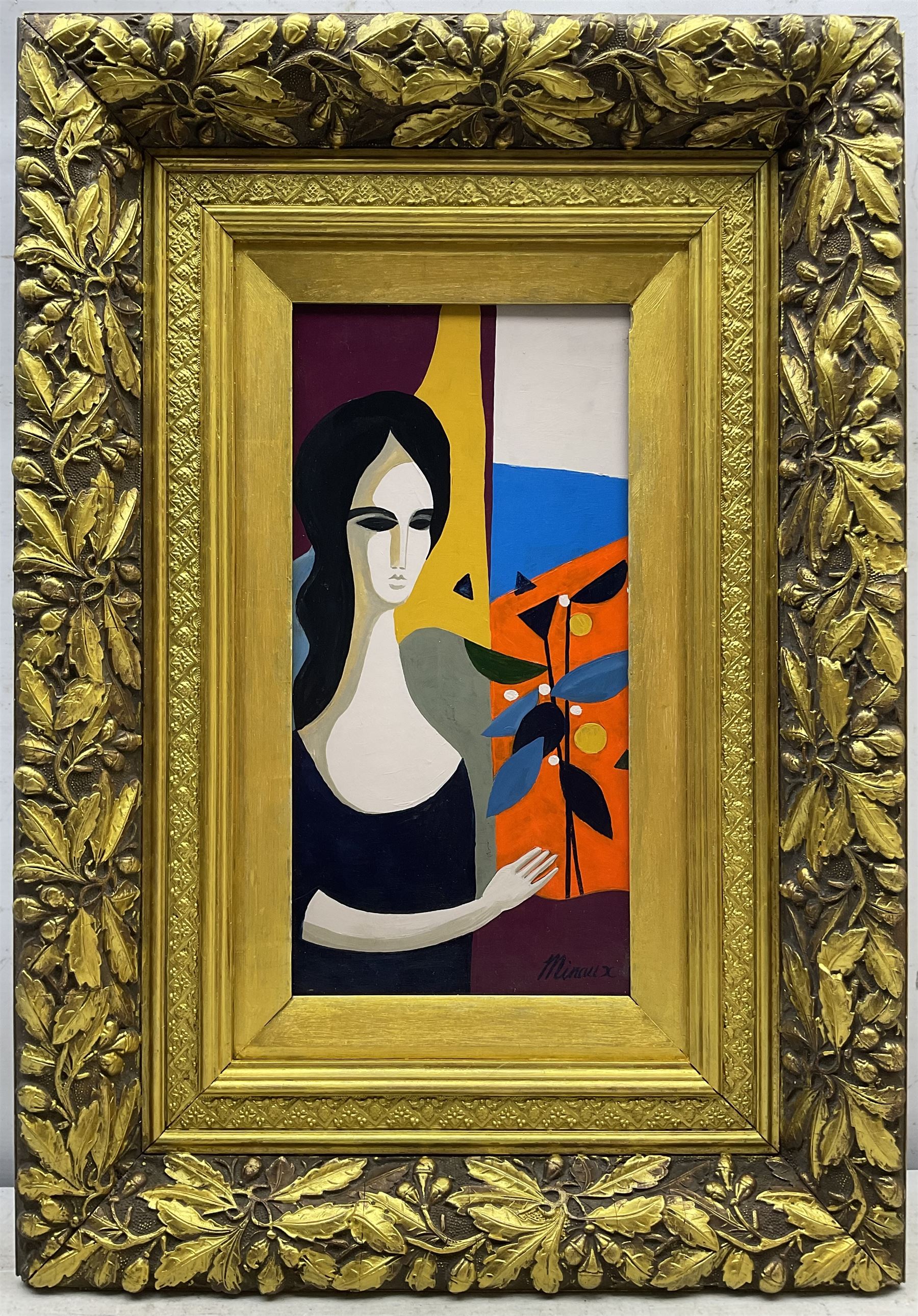 Andre Minaux (French 1923-1986): Cubist Lady with Flowers, oil on board signed 39cm x 19cm