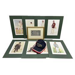 Cricket interest; signed original photograph of 1956 England V Australia Test match, cricket cap from England/Australia Test Match 2006 in Melbourne, eight coloured cricketing spy prints in mounts 