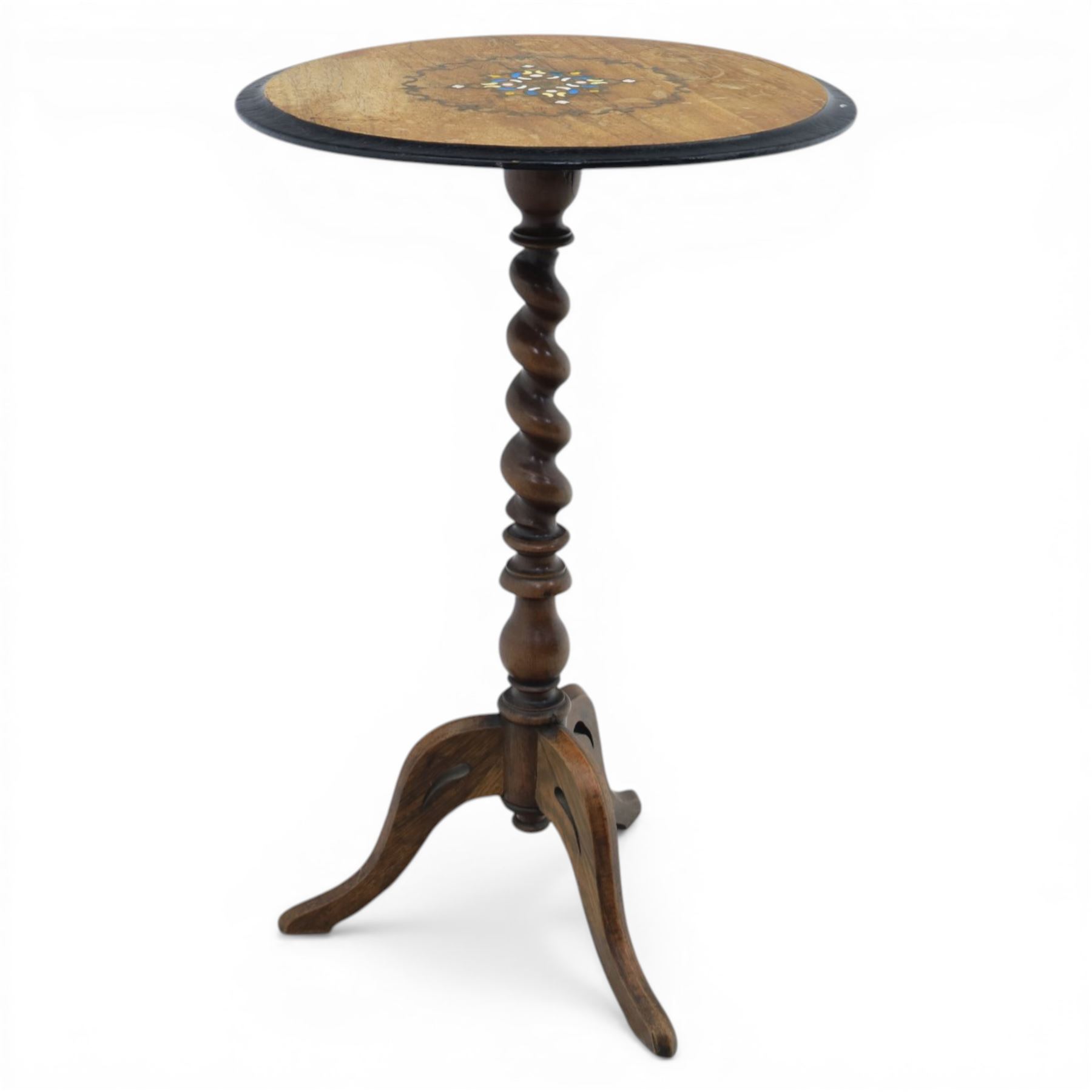 19th century brass inlaid wine table, on a barley twist column terminating in three cabriole supports