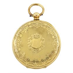 Victorian 18ct gold half hunter ladies key wound cylinder pocket watch, white enamel dial with Roman numerals, back case engraved and engine turned with flower decoration, stamped 18K
