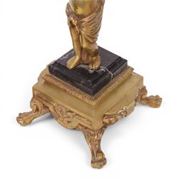 Pair of brass table lamps, the central column modeled as a putti upon a square marble base raised upon four claw feet, H29cm