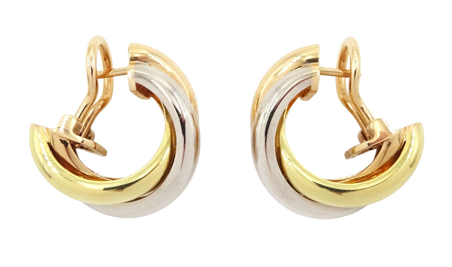 Cartier Trinity gold hoop earrings, each stud with 18ct rose, white and yellow gold intertwined rings, boxed with certificate 