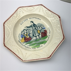 An early Victorian earthenware frog or surprise mug, decorated with printed and overpainted figural panels, H11cm, together with a 19th century child's plate detailed with a figural scene and inscribed Father Matthew administering the total abstinence pledge, 17.5cm, and a Staffordshire flat back figure seated upon a horse, H33cm. 