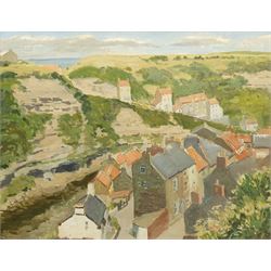 E C Clark (British 20th century): Church Street Staithes looking towards Cowbar, oil on board signed 50cm x 65cm
