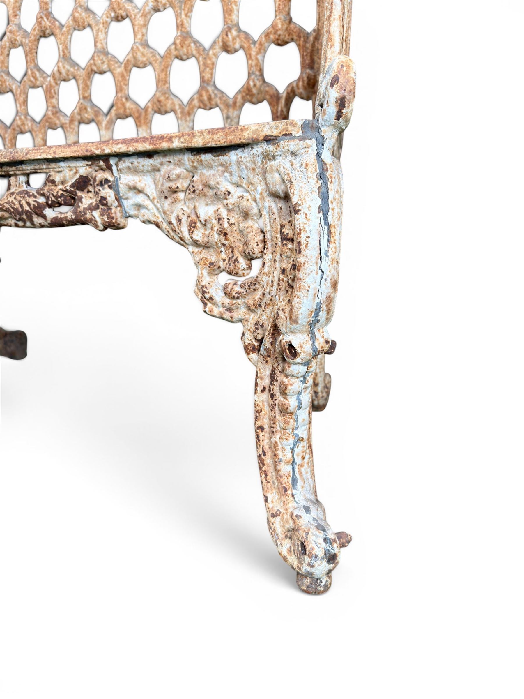 Victorian revival Carron Foundry design heavy cast iron two seat garden bench, scrolled arms with pierced lattice seat, finished in antique white paint