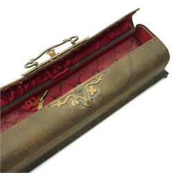 Mid 19th century leather fan case with plush lined interior and fitted with a two air musical movement on sort turned supports L36cm