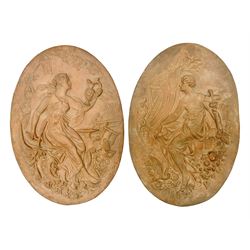 Pair of 19th century classical terracotta relief wall plaques depicting the goddess Hygeia and another goddess, seated holding an ewer, each of oval form, indistinctly signed, each stamped Ferreira verso, H42cm, W30cm