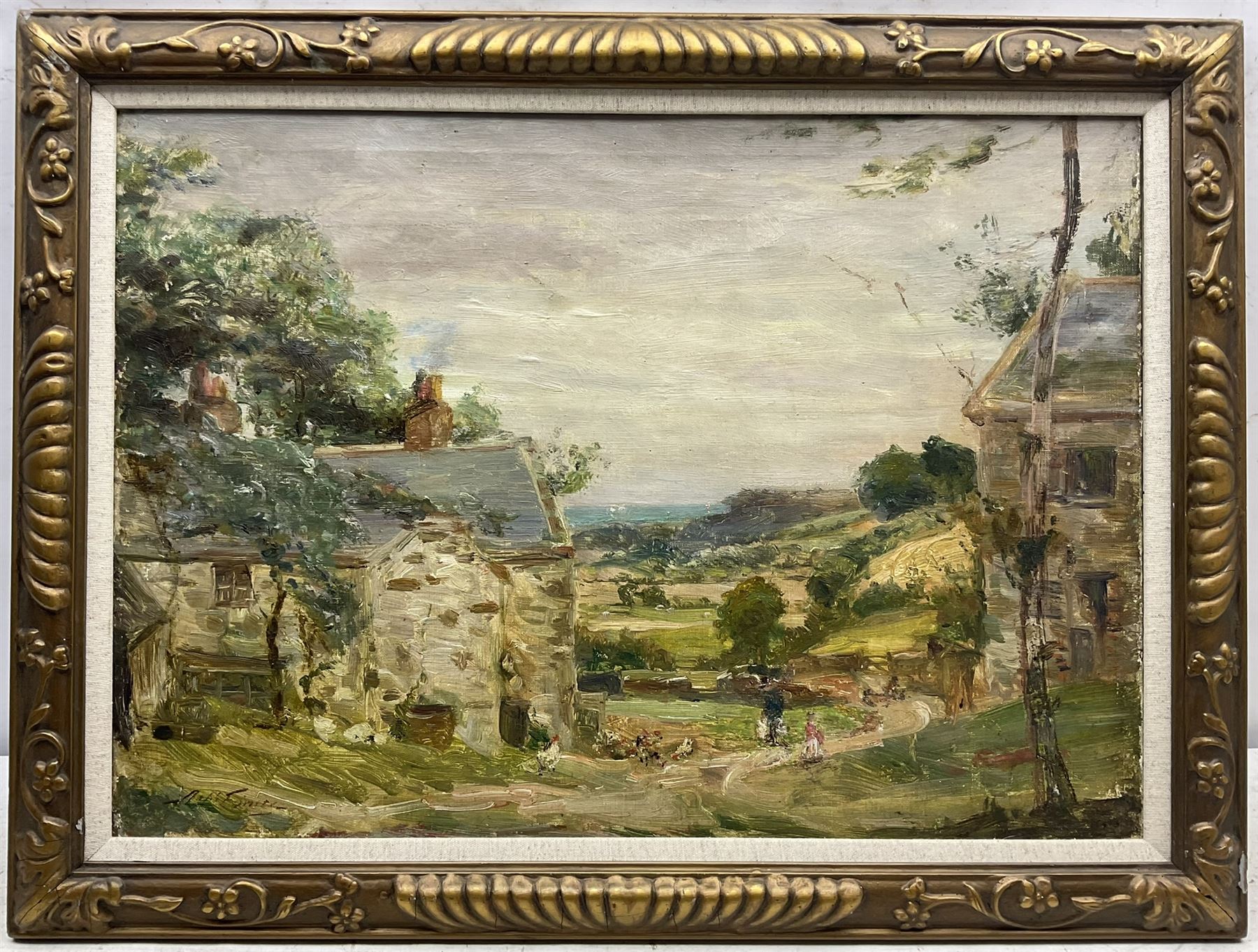 Scottish School (Early 20th century): Country Cottages with Hens and Children, oil on canvas indistinctly signed 39cm x 55cm