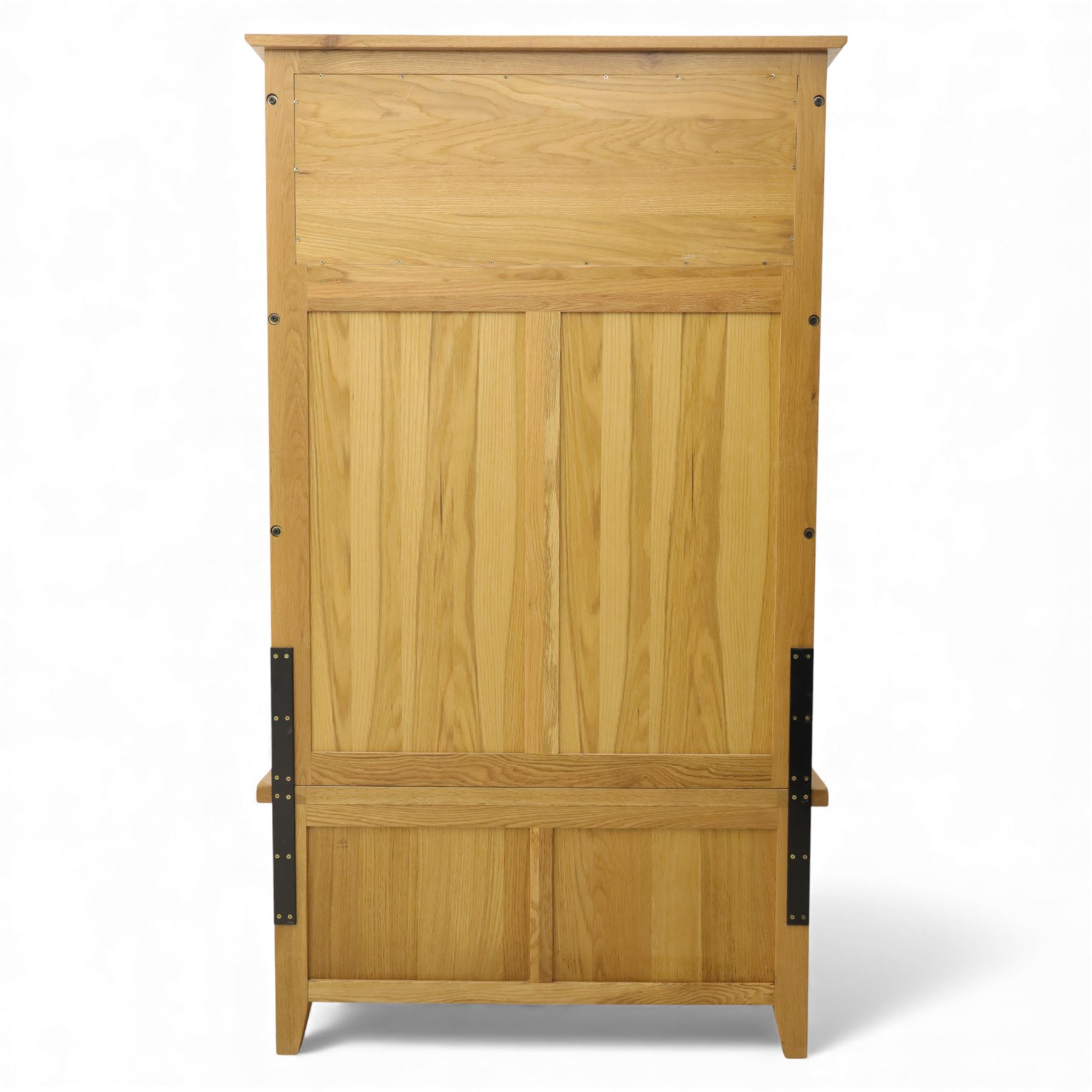 Modern light oak hall bench settle, with moulded cornice above a panelled back fitted with a row of metal coat hooks, over a hinged box seat opening to shoe storage, on tapered legs