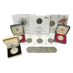 Queen Elizabeth II 1977 silver crown and 1980 silver crown, both cased with certificates, Bailiwick of Guernsey 1978 silver crown cased without certificate, three United Kingdom brilliant uncirculated five pound coins in card folders and twelve other five pound coins