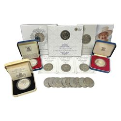 Queen Elizabeth II 1977 silver crown and 1980 silver crown, both cased with certificates, Bailiwick of Guernsey 1978 silver crown cased without certificate, three United Kingdom brilliant uncirculated five pound coins in card folders and twelve other five pound coins