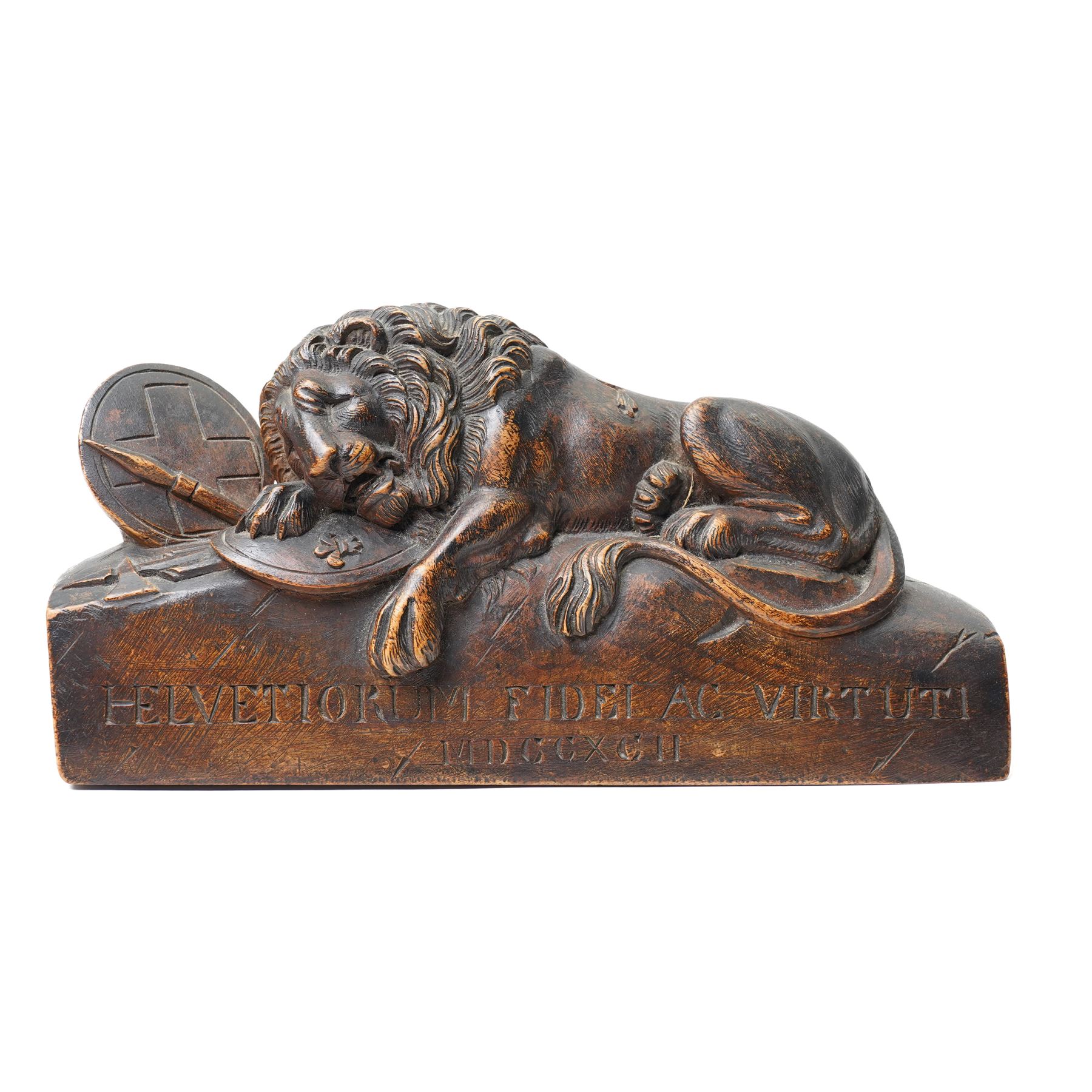After Bertel Thorvaldsen (Danish 1770-1844): 'The Lion of Lucerne', 19th century walnut carving after the Swiss stone monument, commemorating the Swiss Guards who were killed in 1792 during the French Revolution, H14cm W27cm