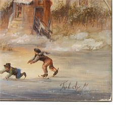 Mária Toldy (Hungarian 1939-) after Fredrik Marinus Kruseman (Dutch 1816-1882): Woodland Ice Skating Scene, pair of oils on panel signed 19cm x 25cm (2) (unframed)