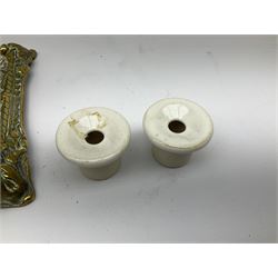 Brass ornate twin desktop inkwell, with ceramic inner inkwells, and another circular inkwell with foliate design, largest L26cm