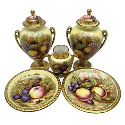 Aynsley Orchard Gold pattern ceramics, comprising pair of twin handled vases with covers, two pin dishes and another twin handled vase, covered vases H17cm 