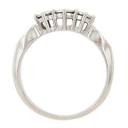 18ct white gold three stone round brilliant cut diamond ring, with milgrain set diamond shoulders, hallmarked, total diamond weight 0.40 carat