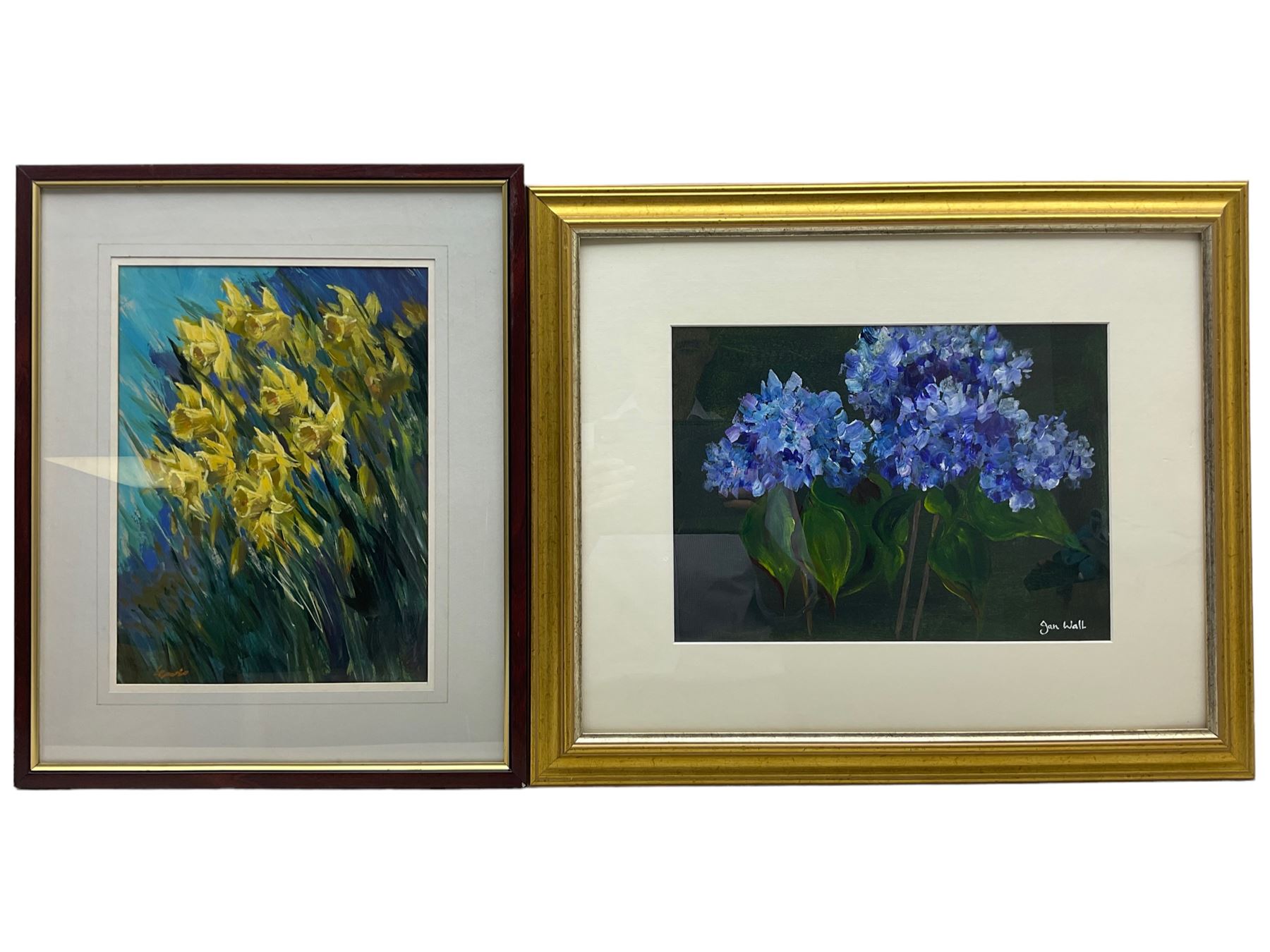 Dennis Lewis (Bristol Savages 1928-2014): Daffodils, gouache signed 33cm x 25cm; Jan Wall (Contemporary): Still Life, oil on paper signed 25cm x 35cm (2)