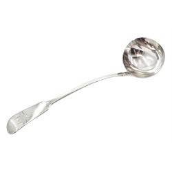Victorian Scottish silver ladle, Fiddle pattern with crest by William Marshall, Edinburgh 1843, approx 6.5oz