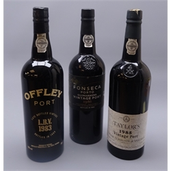  Offley LBV 1983 Port bottled 1989, 20%vol, Taylor's 1985 Vintage Port bottled 1987, 20.5%vol, Fonseca Guimaraens Vintage Port 1986 bottled 1988, 20.5%vol, all 75cl, 3btls  
