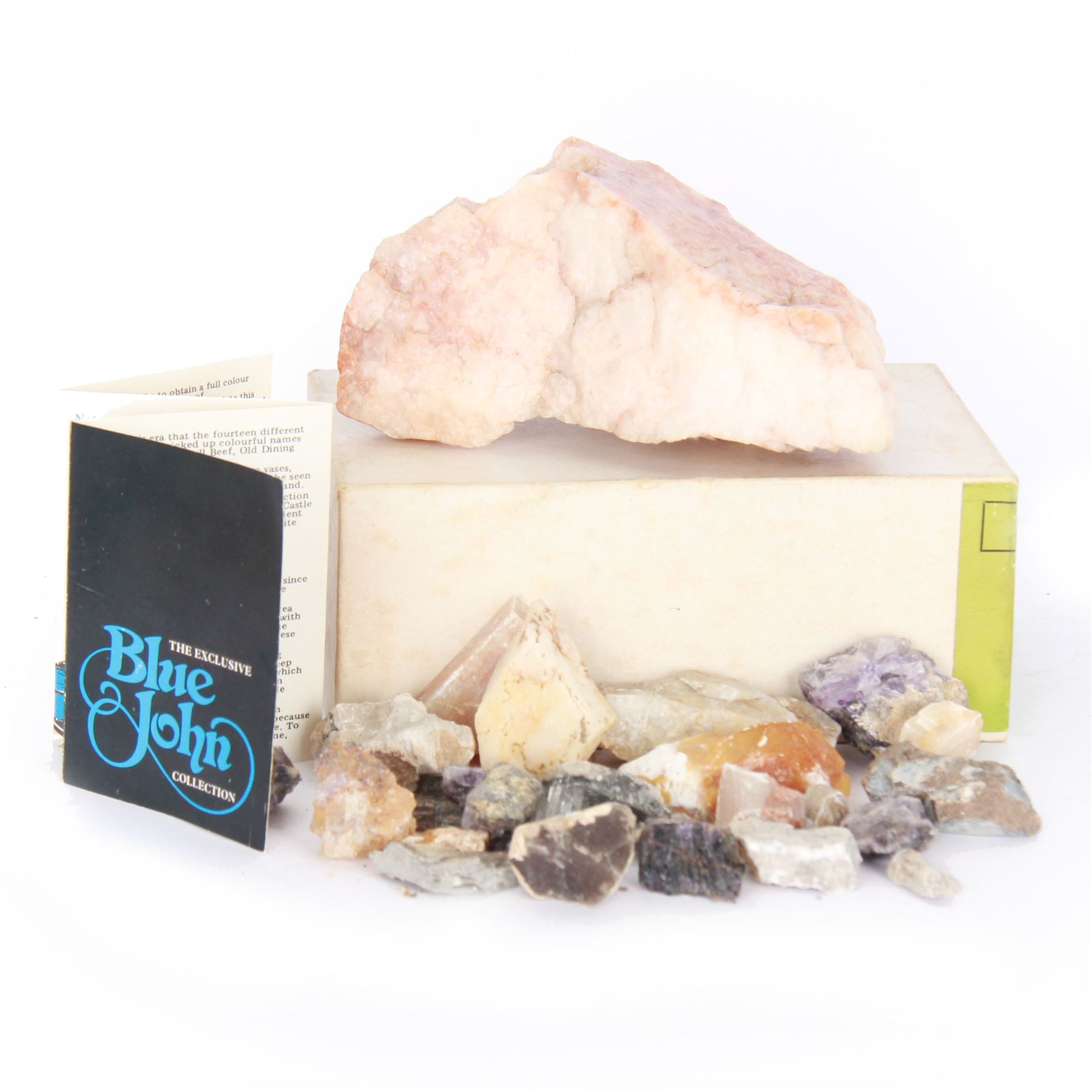 Collection of raw Blue John specimens, together with other mineral specimens