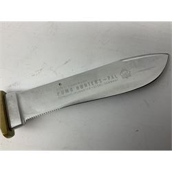 German Puma Hunter's-Pal knife, the 10cm steel blade marked model 6397, serial No.72573 to guard, fixed blade, antler scales; in original hard plastic case with paperwork and guarantee label; with brown leather sheath marked Puma L22.5cm overall
