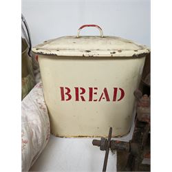 Three brass jam pans, copper fish pan, enamel bread bin, quilt and a grain/flour grinder 