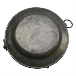 Collection of 19th century and later pewter plates and plate warmer with London and similar touch marks 