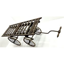 Victorian oak hand pulled cart funeral bier, rolling top, bow suspension, steering arm and spoke graduation wheels 