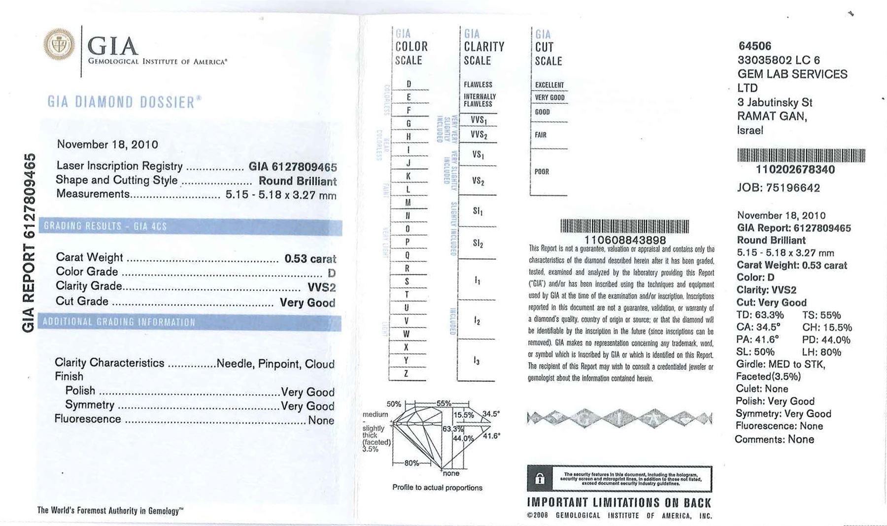 18ct white gold single stone round brilliant cut diamond ring, with diamond set shoulders, stamped 750, principal diamond 0.53 carat, diamond colour D, clarity VVS2, with GIA report