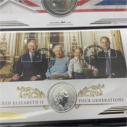 Four one ounce fine silver coin covers, comprising 2020 'Queen Elizabeth II Four Generations', 2020 'HM The Queen's 90th Birthday Four Generations', 2022 'Rule Britannia' and 2022 'Queen Elizabeth II's 96th Birthday' all in Harrington and Byrne folders
