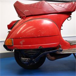 1979 Piaggio Vespa 200 Scooter

• Registration: TVY 25T
• Date of first registration: 1979
• Engine: 197cc petrol
• Odometer reading: 9,960 miles
• Colour: Red
• V5C: Present
• Keys: One

A 1979 Piaggio Vespa 200, registered TVY 25T and finished in red. Powered by a 197cc petrol engine, the scooter displays 9,960 miles on its Veglia Borletti odometer, although this mileage has not been independently verified.

The Vespa 200 is one of the larger-capacity models in the classic Vespa range, combining the marque’s distinctive pressed-steel construction with a practical 197cc engine and traditional handlebar gear change.

This example is presented in largely original and unrestored condition, retaining its period bodywork, Piaggio and Vespa badging, original-style controls and Yankee-branded dual seat.

The scooter shows extensive age-related wear throughout, including paint loss, scratches, surface corrosion and deterioration to the bodywork, including a perforation to the inner legshield.

This vehicle forms part of the Estate of the Late John Sills and is offered for sale by the Executors, confirming a genuine reason for sale.