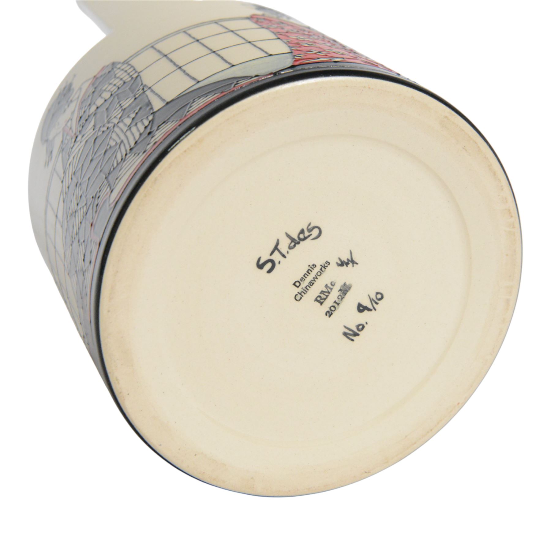 Dennis Chinaworks Geisha basket, designed by Sally Tuffin dated 2012 limited edition no. 9/10, of cylindrical form with handle, decorated with six geisha dressed in red, white and black kimonos, impressed and painted marks beneath, H23cm