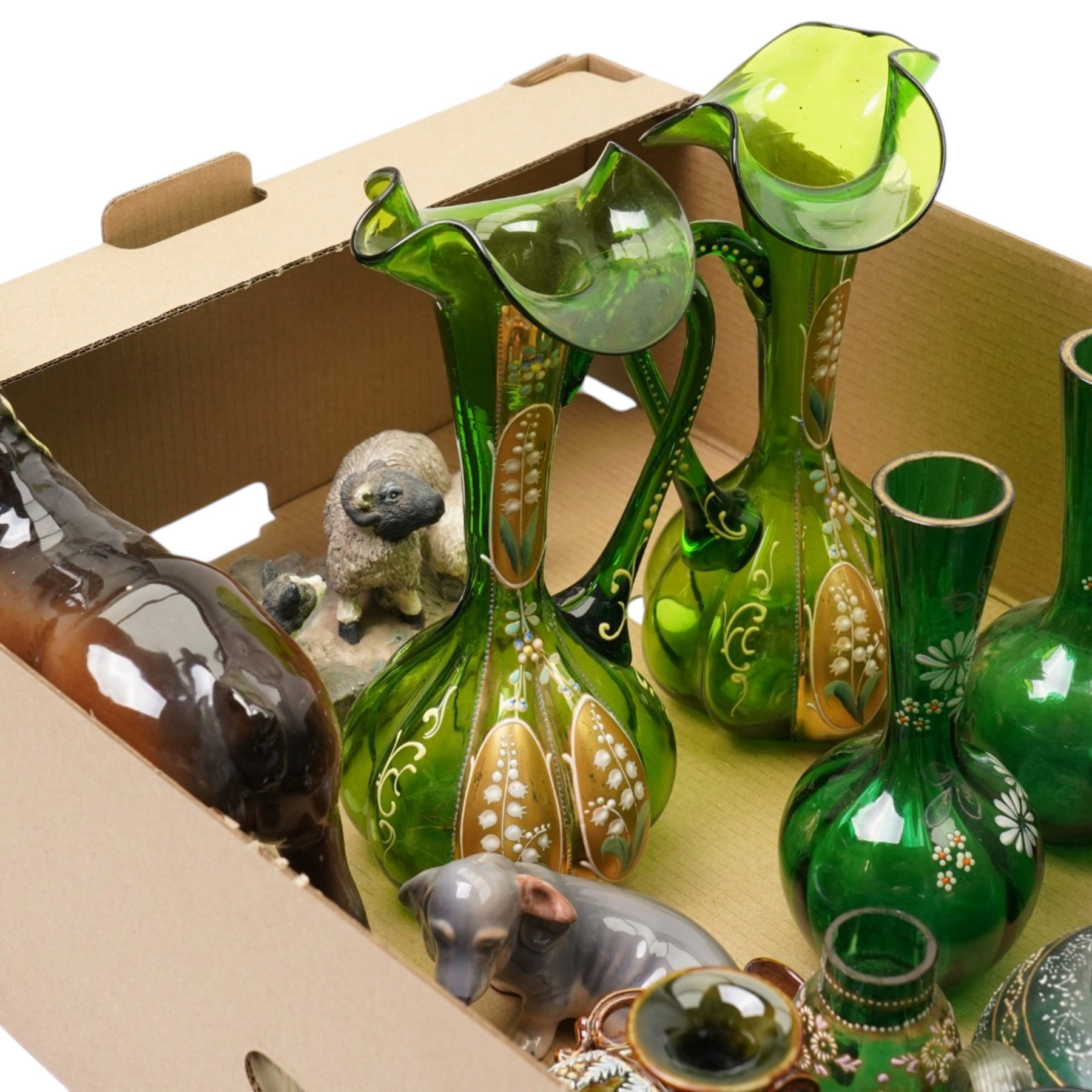 Collection of Victorian green glass, Doulton Lambeth, Beswick horse, Masons Ironstone in box, etc 