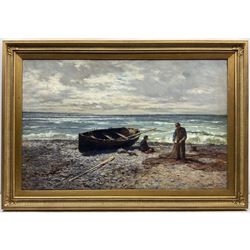Joseph Henderson RSW (Scottish 1832-1908): ’Cleaning the Nets’ with a Rowing Boat on the Shore, oil on canvas signed, titled on the stretcher 70cm x 111cm